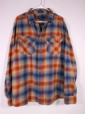 Pendleton Burnside Plaid Cotton Flannel Shirt Blue Rust Western Mens XL